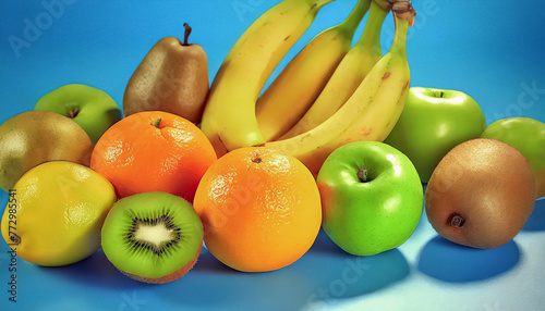 Jolie vue rapprochée de fruits variés, sur fond bleu clair  uni  photo