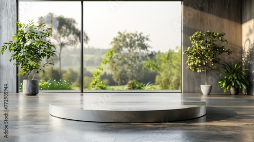Sleek Silver Podium on Modern Farmhouse Background - Ideal for Tea and Coffee Tastings