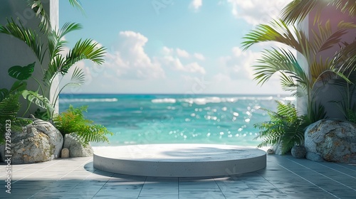 Elegant White Podium Display Against Vibrant Caribbean Terrace  Ideal for Silverware Showcases