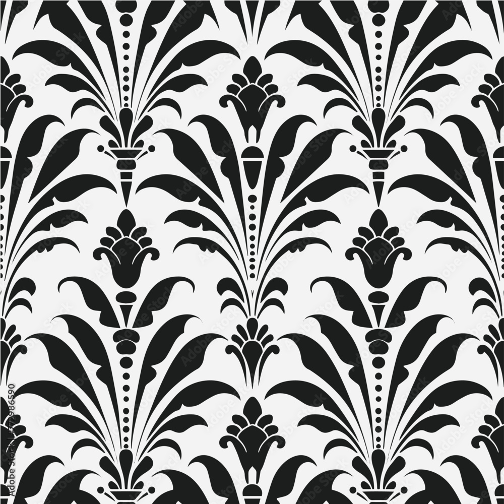 Art Deco Vintage Palm Leaves Botanical Black and White Seamless Pattern