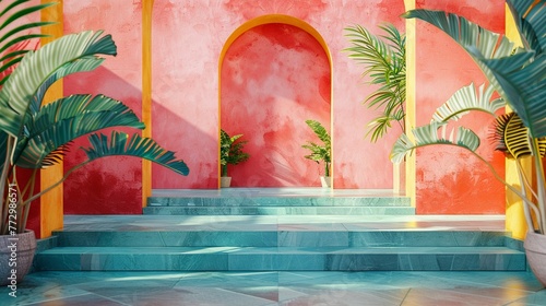 Vibrant Mexican Hacienda Backdrop Frames Frosted Jade Podium for Eyewear Display