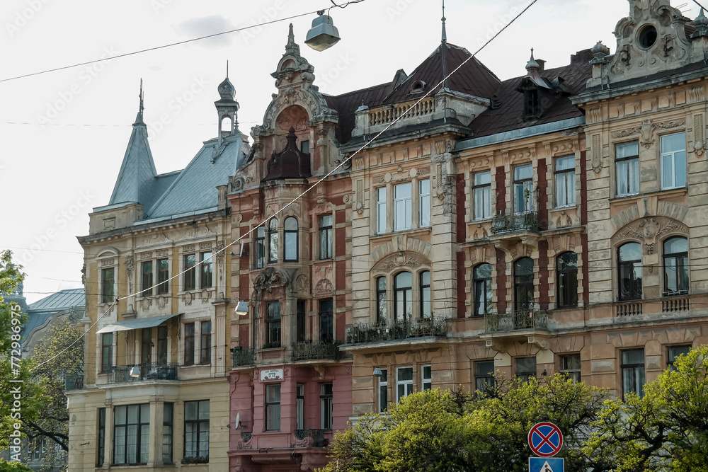 Facades of historical buildings on one of the streets of Lviv, Ukraine.