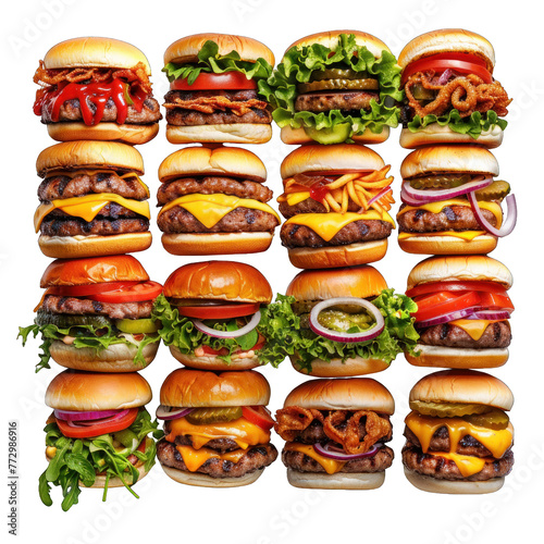 A delectable display of various hamburgers, representing the culinary diversity and creativity of burger recipes in isolated on transparent background png