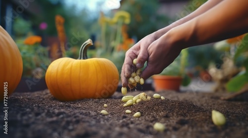 hand planting pumpkin seed of marrow in the vegetable garden photo