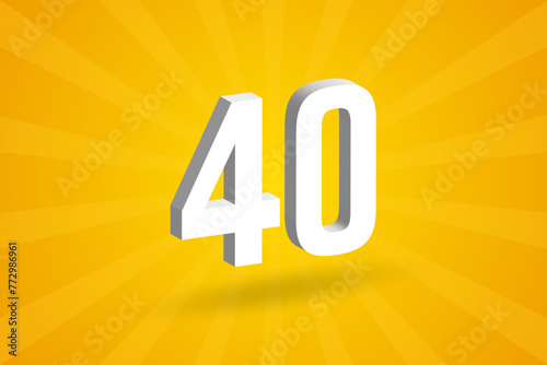 3D 40 number font alphabet. White 3D Number 40 with yellow background