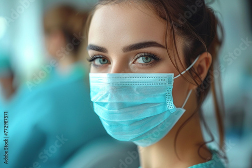 Beautiful female doctor or nurse looking at camera with a mask and clear Caucasian eyes