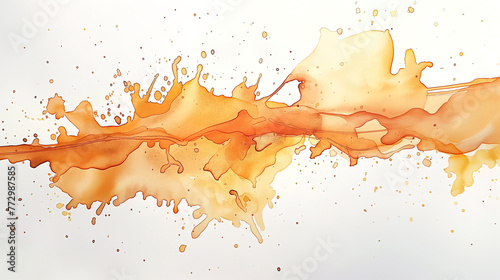  A watercolor splash of orange and brown, with fluid lines creating an abstract design on white background. The splashes form dynamic shapes that suggest movement and energy
