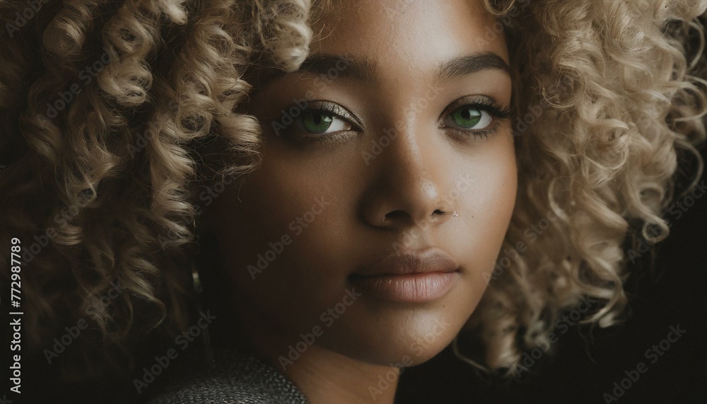Fototapeta premium black woman girl detailed close-up portrait photo on black background