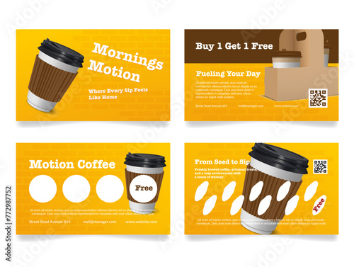 Coffee take away loyalty card customer program for get free design template set vector illustration