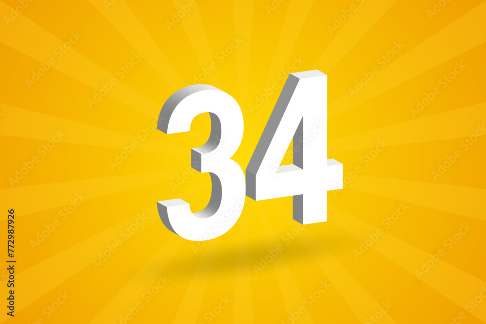 3D 34 number font alphabet. White 3D Number 34 with yellow background 3D 34 number font alphabet. White 3D Number 34 with yellow background