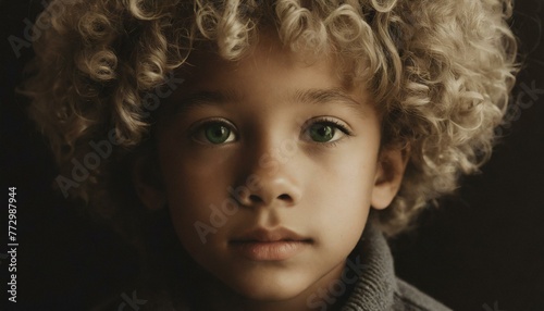 close-up of a boy with brown skin and curly blond hair, professional photo on black background