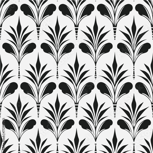 Art Deco Vintage Palm Leaves Botanical Black and White Seamless Pattern