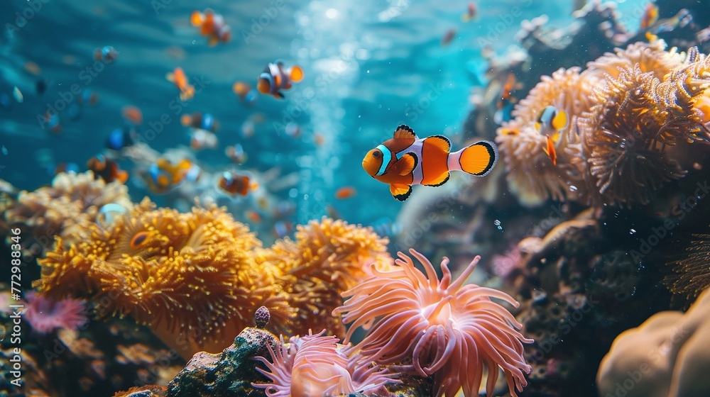 Fototapeta premium clown fish swimming in coral reef with vibrant underwater scene and colorful marine life perfect for underwater photography 