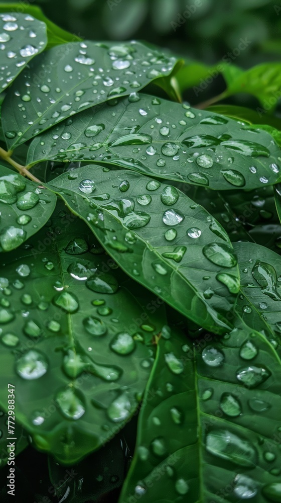 Close-up of green leaves with water droplets - fresh nature detail Close-up of green leaves with water droplets - fresh nature detail