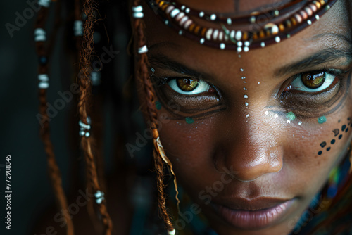 a woman with brown eyes and beads on her face photo