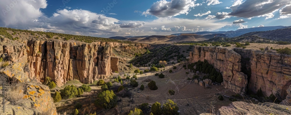 Panoramic view of a desert canyon under a cloudy sky