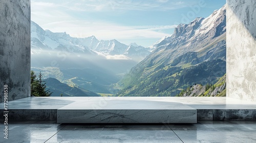 Elegant Dolphin Grey Podium in Focus, Swiss Mountain View Room Background