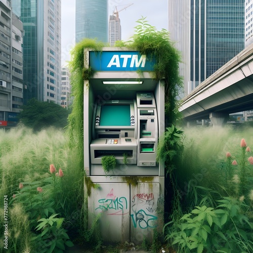 An atm machine overgrown by weeds with overgrown city background, abandoned concept photo