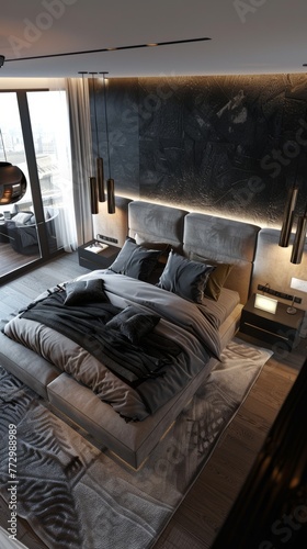 Modern bedroom interior with city view