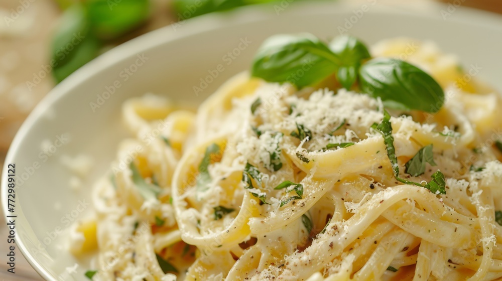 Close-up of fettuccine pasta with parmesan and basil