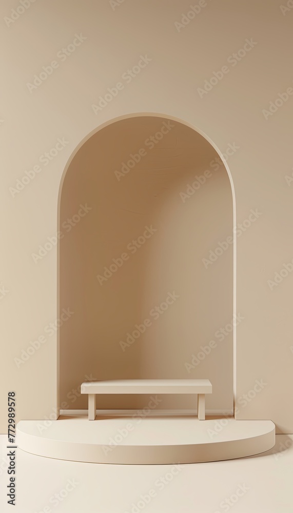 Product Photography, Empty smooth metal product display stand, Clean light beige background Product Photography, Empty smooth metal product display stand, Clean light beige background