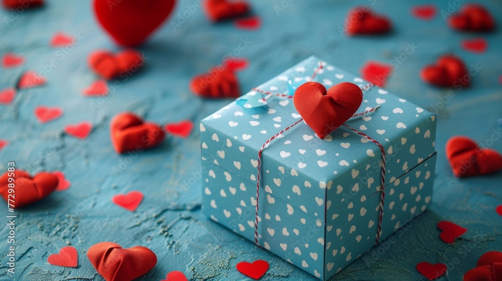 Gift box with heart decorations on a blue background Gift box with heart decorations on a blue background