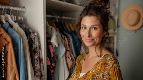 Woman with a playful smile standing by her open wardrobe