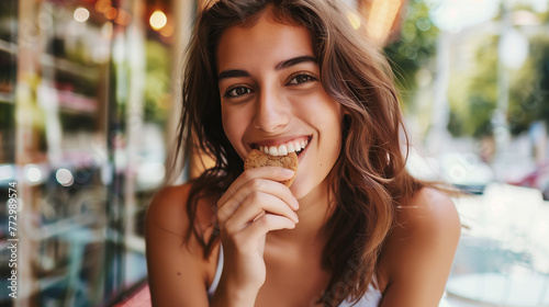 Young woman enjoying a cookie at a cafe