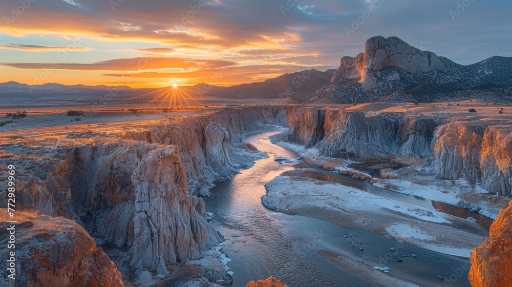 Sunset over a rugged canyon landscape