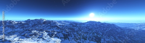 panorama of snowy mountains at sunset in the morning, 3D rendering © ustas