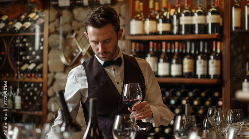 Professional sommelier examining red wine in a glass