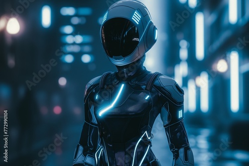 A humanoid robot with a sleek, illuminated suit stands before a backdrop of glowing city lights.