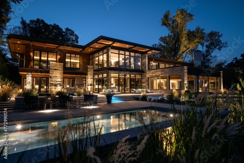 Nighttime Elegance: Luxurious Modern Home with Poolside Lighting © Bernardo