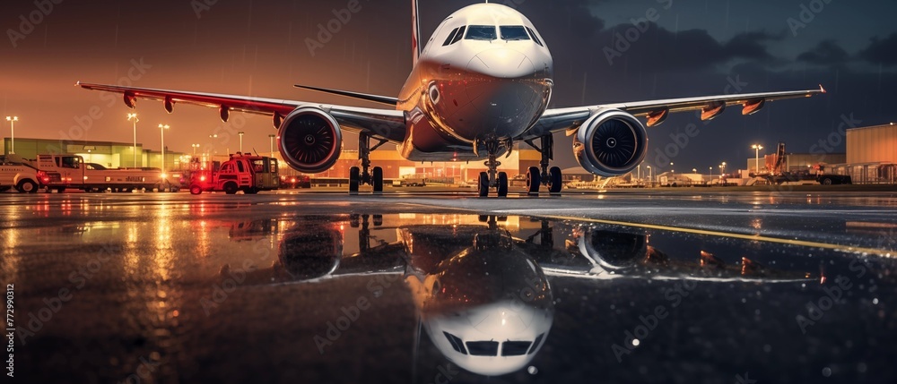 ai creates generative images,airplane picture Parked on the airport, rain falling, water reflection - obrazy, fototapety, plakaty 