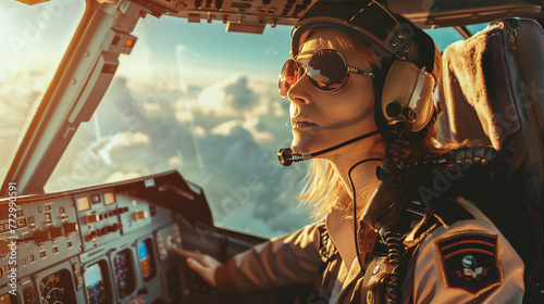 Focused female pilot in cockpit against cloudy skies photo