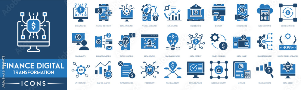 Finance Digital Tranformations icon. Digital Finance, Financial Technology, Digital Integration, Financial Automation, Data Analytics, Online Banking, E-payment, Mobile Finance and Cloud Accounting