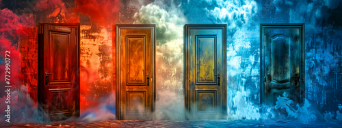 Abstract conceptual doors in multicolored smoke