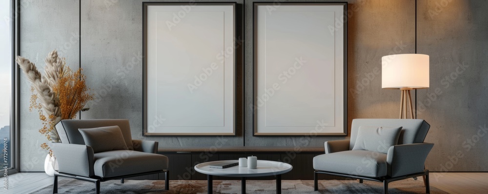 Fototapeta premium Modern living room interior with blank frames