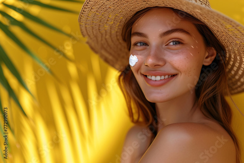 a woman wearing a straw hat and sun cream on her face photo