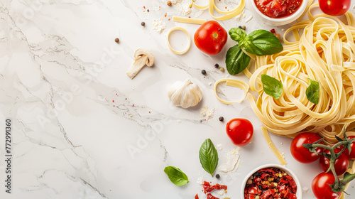 Raw uncooked homemade pasta ingredients, border on white marble background banner. Restaurant menu background. tagliatelle pasta, tomatoes, basil and spices flat lay. Copy space. Food background
