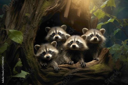 A mischievous group of chubby raccoon kits playing near a hollow tree, their tiny paws and masked faces adding charm to the enchanting woodland setting.