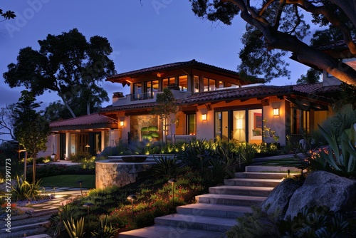 Twilight Warmth: Majestic Residence with Inviting Nighttime Garden Lights
