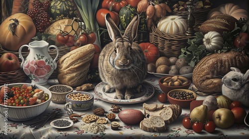  rabbit, surrounded by pictures of the food it eats.