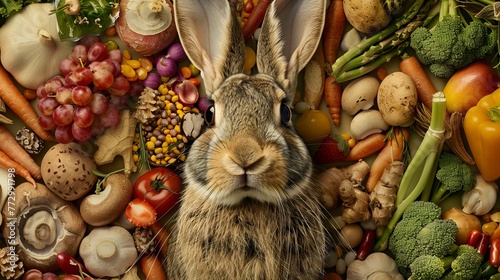  rabbit, surrounded by pictures of the food it eats.