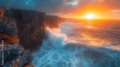 A tranquil scene of ocean cliffs during sunset with the sun's golden rays reflecting off the turbulent waters.