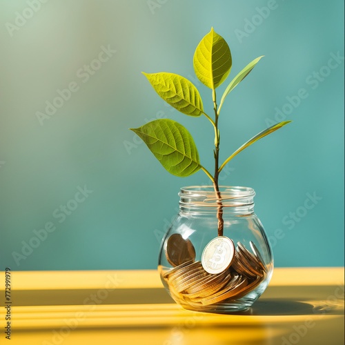 Business concept and money saving idea. Plant in a glass jar with coins.