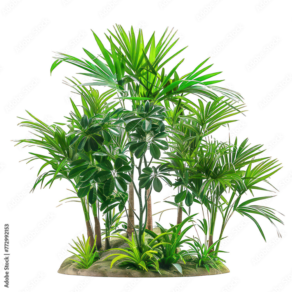 Rhapis excelsa planting, Bamboo palm or hamedorea in a pot on isolated, alpha transparent white background png