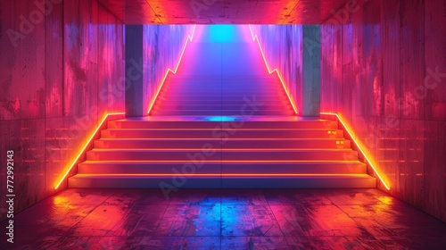 Neon-lit staircase with vibrant colors