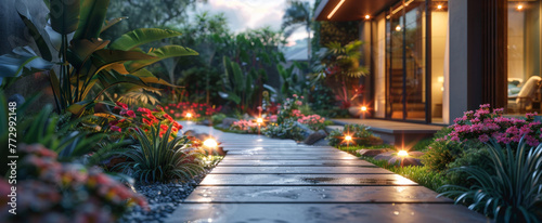 An inviting garden pathway, lit by ground lights, leads to a modern home nestled amidst lush greenery and vibrant flowers.