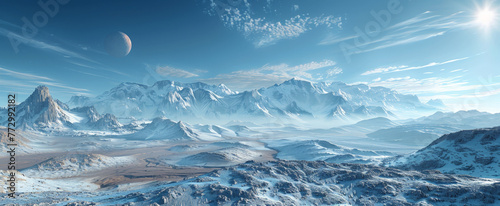 A stunning landscape of a snowy mountain range under a clear sky with a visible moon. The sun’s glow highlights the snow-covered peaks and valleys.